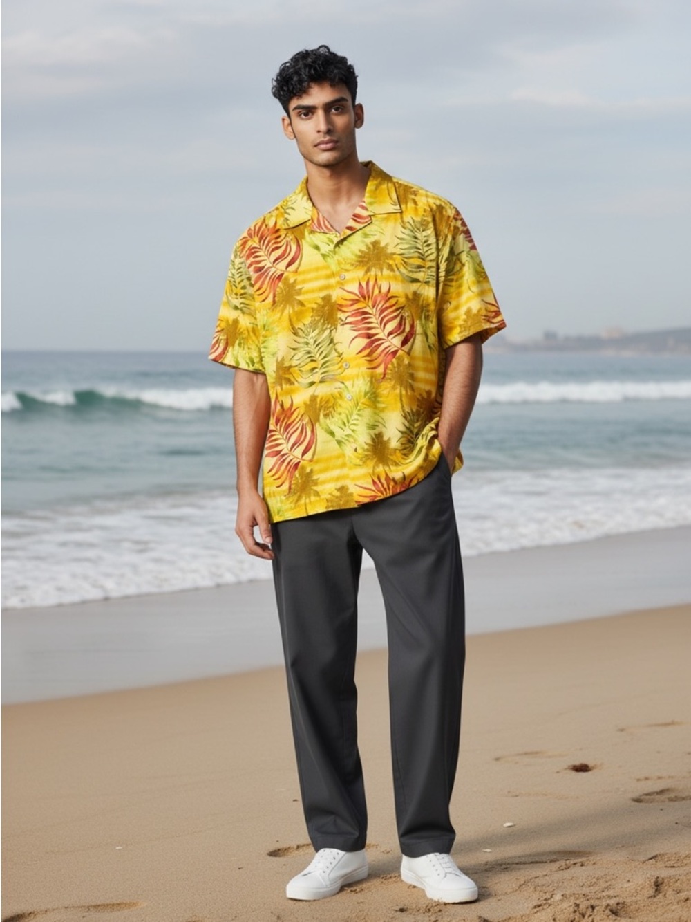 Tommy Bahama Yellow Silk Tropical Leaf Camp Shirt
